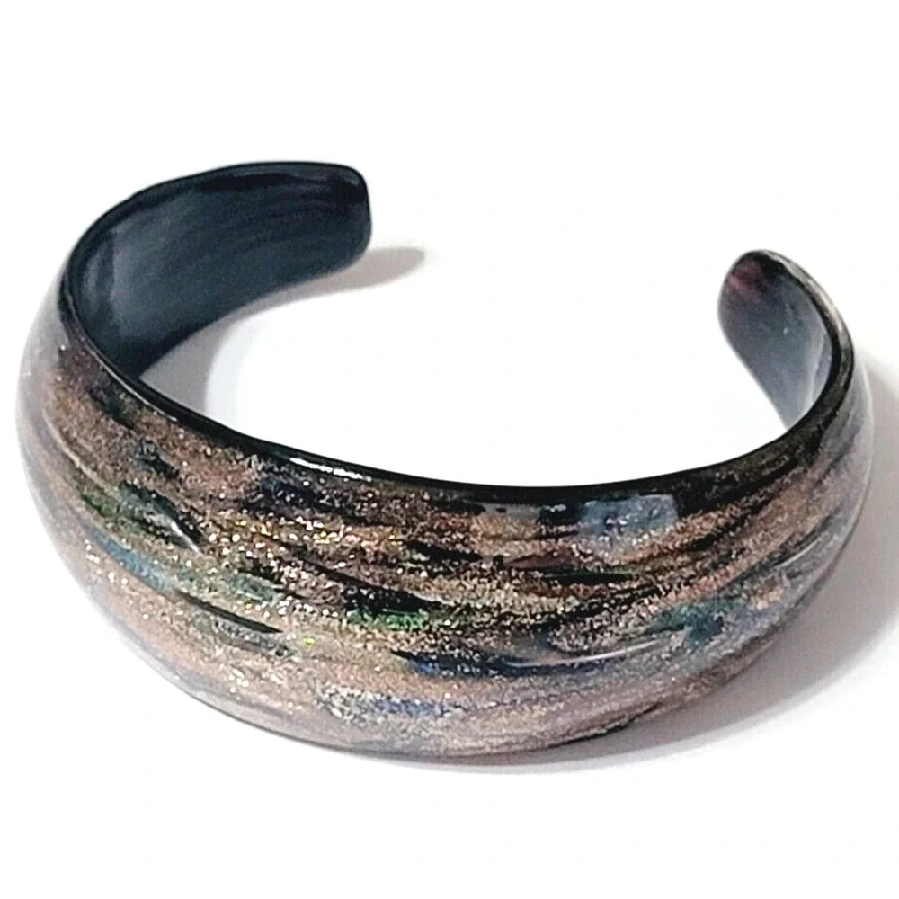 Vintage Sparkly Bronze Tones Glass Cuff Bracelet, Wide Statement Bracelet cfb